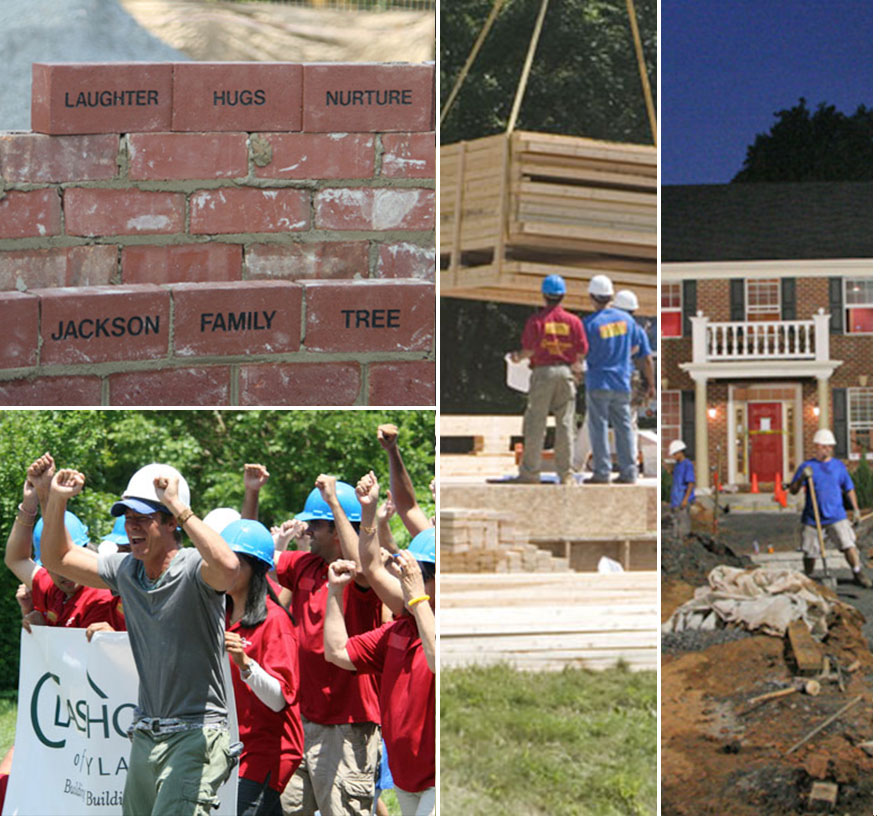 A collage of photos from Classic Homes charitable home build with Extreme Home Makeover.
