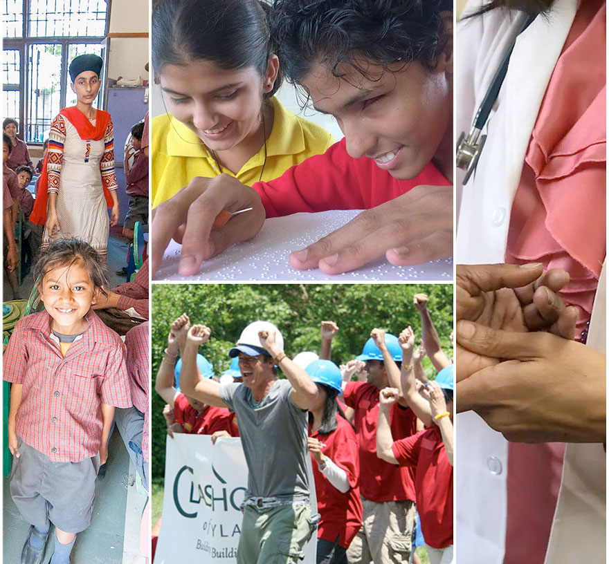 A collage of community involvement images, students at the Patiala School for the Deaf and Blind, Extreme Home Makeover and Vedic Health.