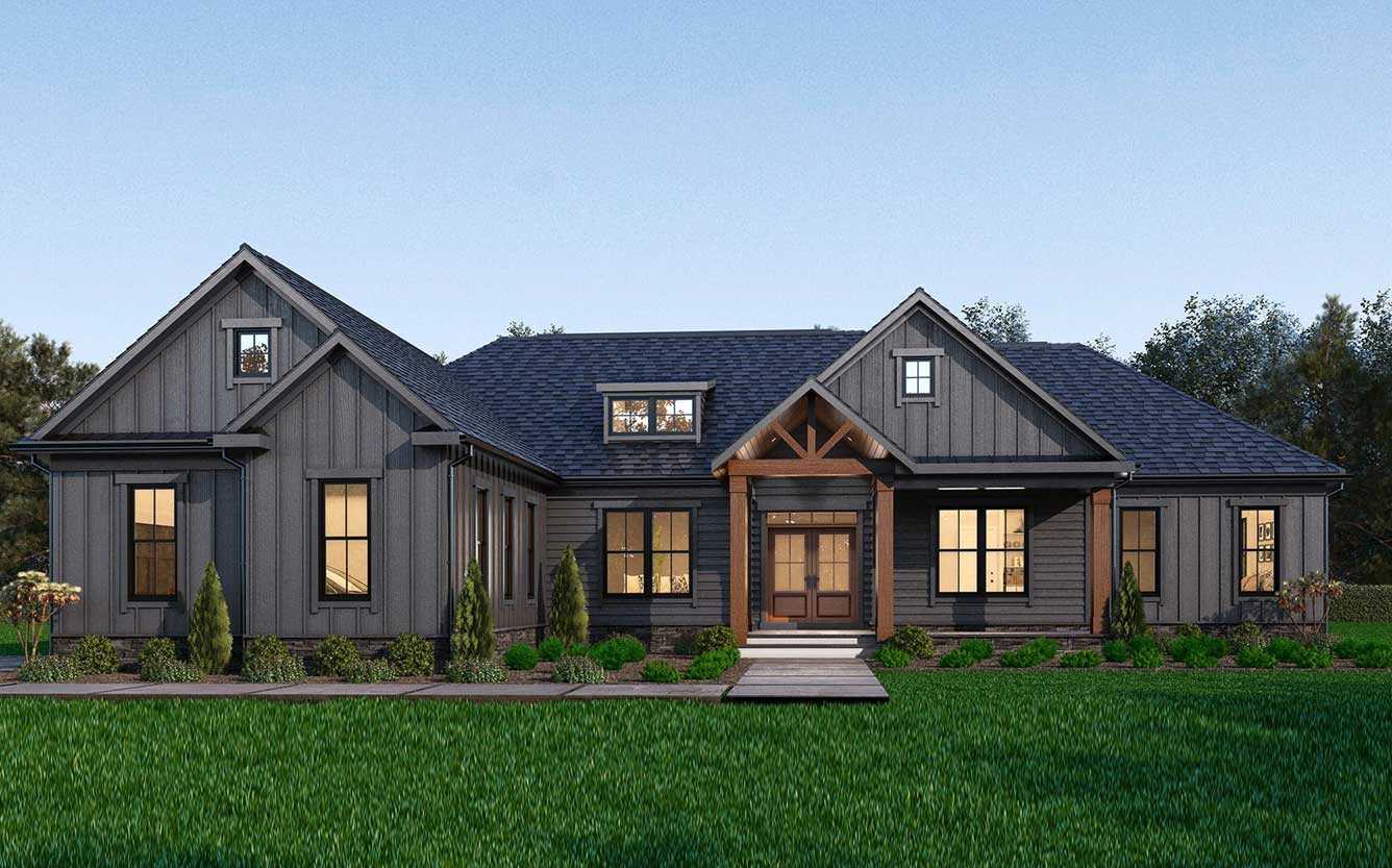 A single level modern farmhouse in dark board and batten with natural wood stain posts and dark windows.