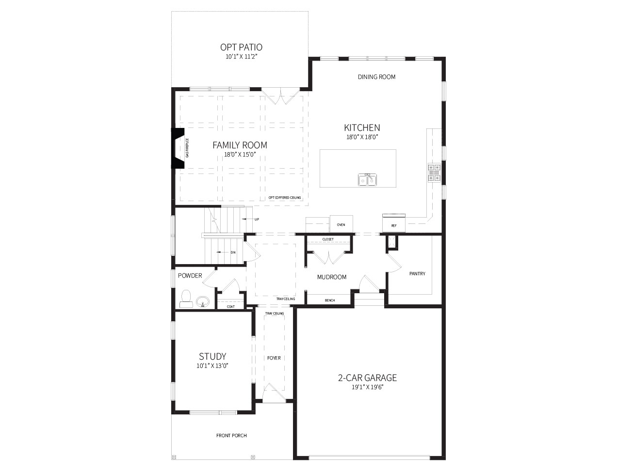 A narrow and deep floor plan for restrictive homesites, featuring an expansive Kitchen/Dining area, open to the Family Room.