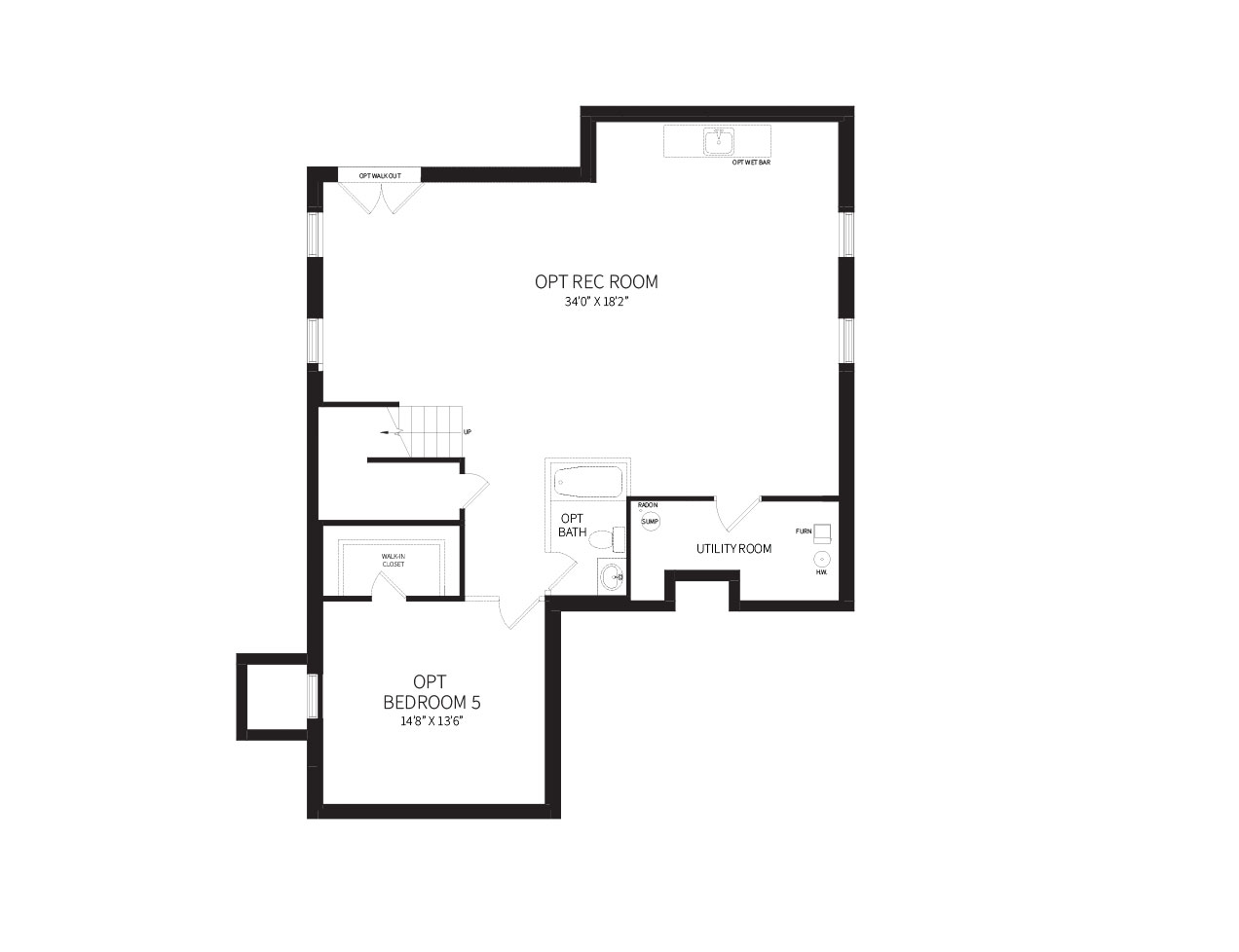 A proposed optional basement plan for the Hendry, featuring an expansive rec room, and additional bedroom and bath.