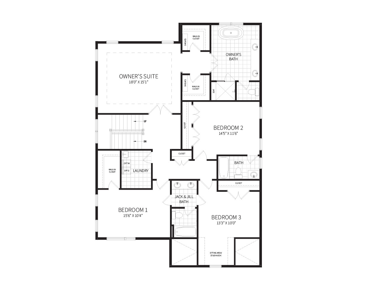 The second floor plan of the Hendry model, featuring a private owner's suite encompassing the entire rear of the home.