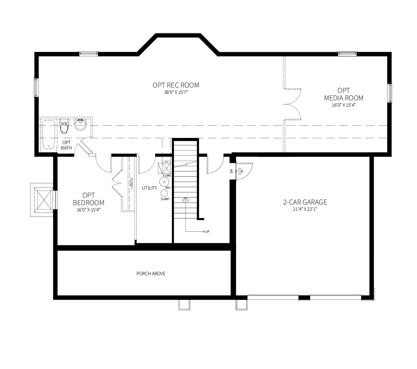 A proposed optional Basement plan for the Rosedale featuring a Rec Room, Media Room and Bedroom with Bath.