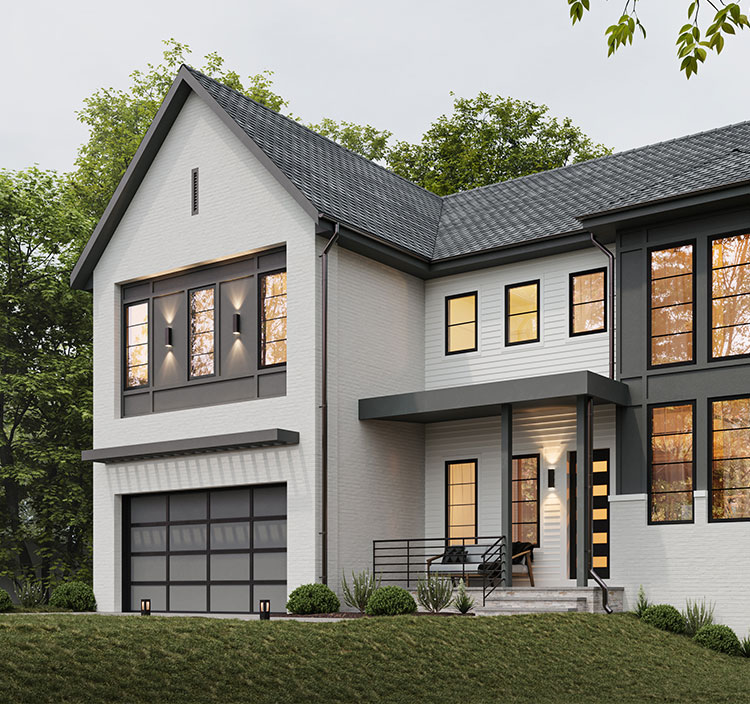 The Bradley's transitional modern front exterior featuring dark grey patterned panels, contemporary portico and smoked glass garage door.