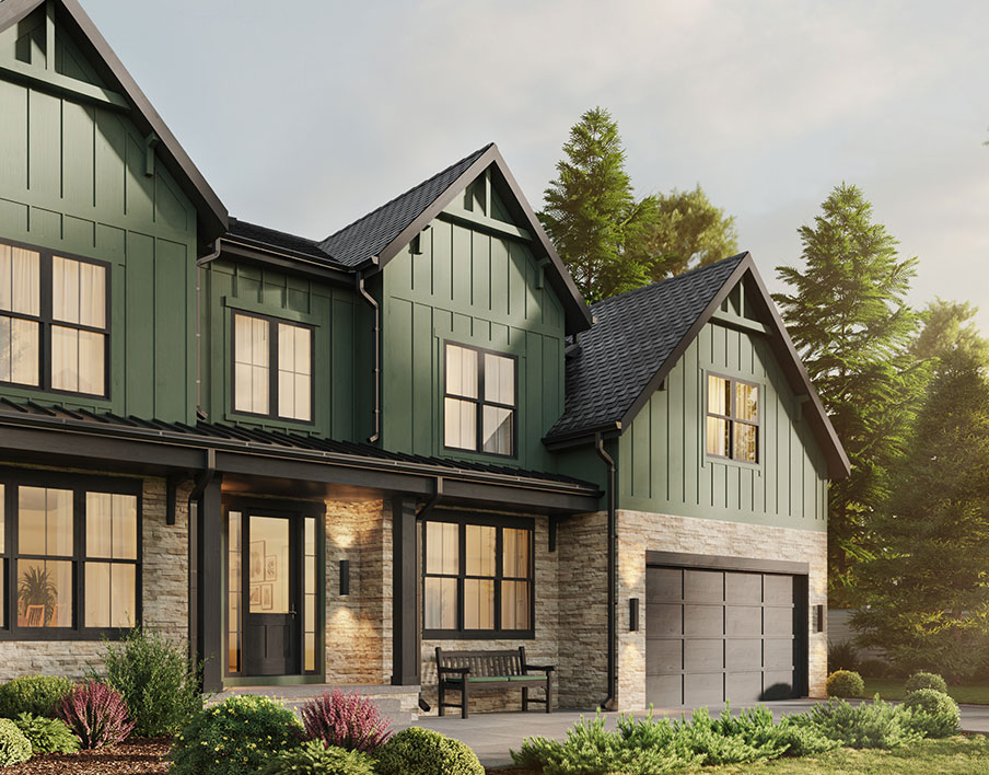 A modern farmhouse front in green board and batten with ledge stone below patio roof and surrounding garage, dark windows and posts