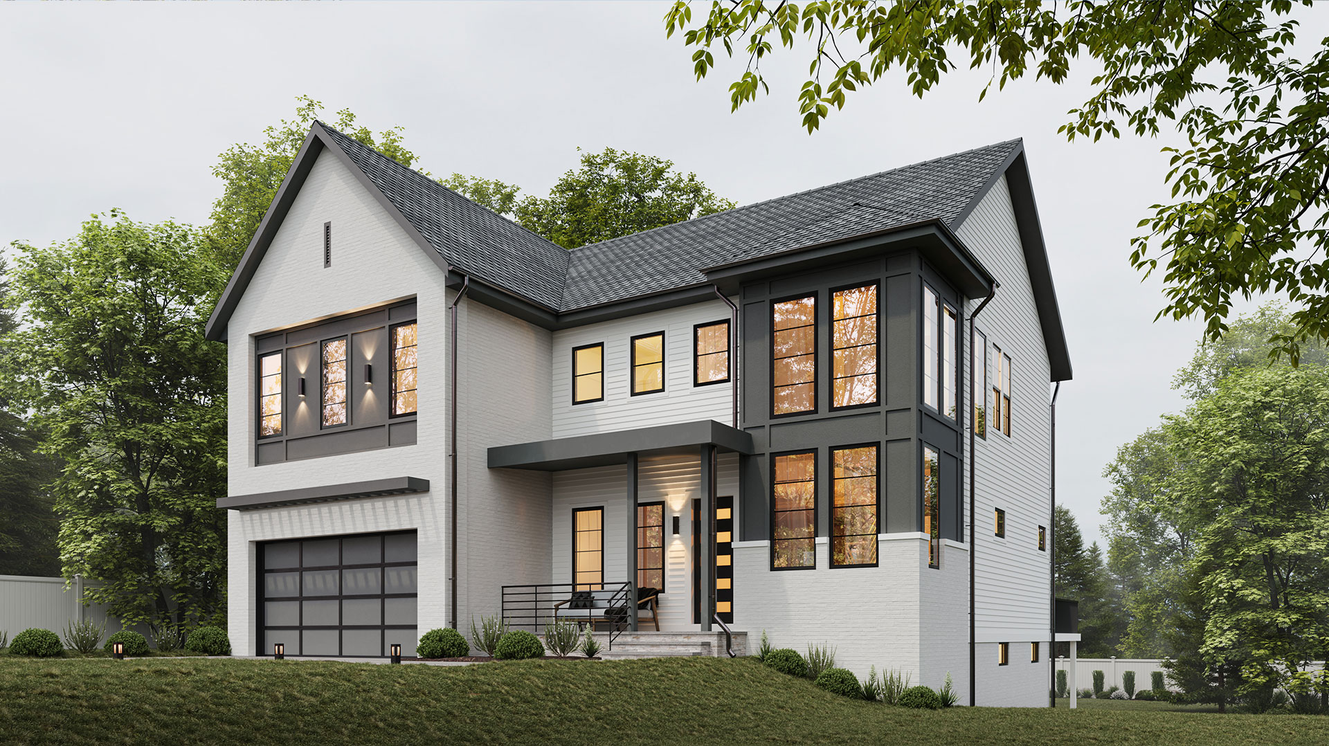 The Bradley's transitional modern front exterior featuring dark grey patterned panels, contemporary portico and smoked glass garage door.