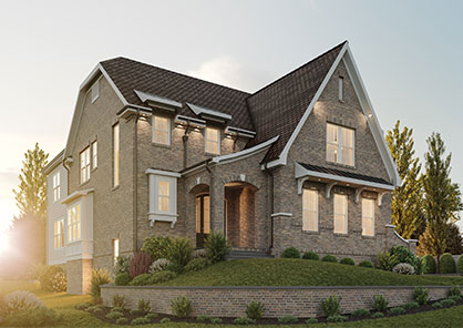 An English Cottage inspired front elevation featuring a unique arched brick entryway, white trimmed bay windows, and brown windows.