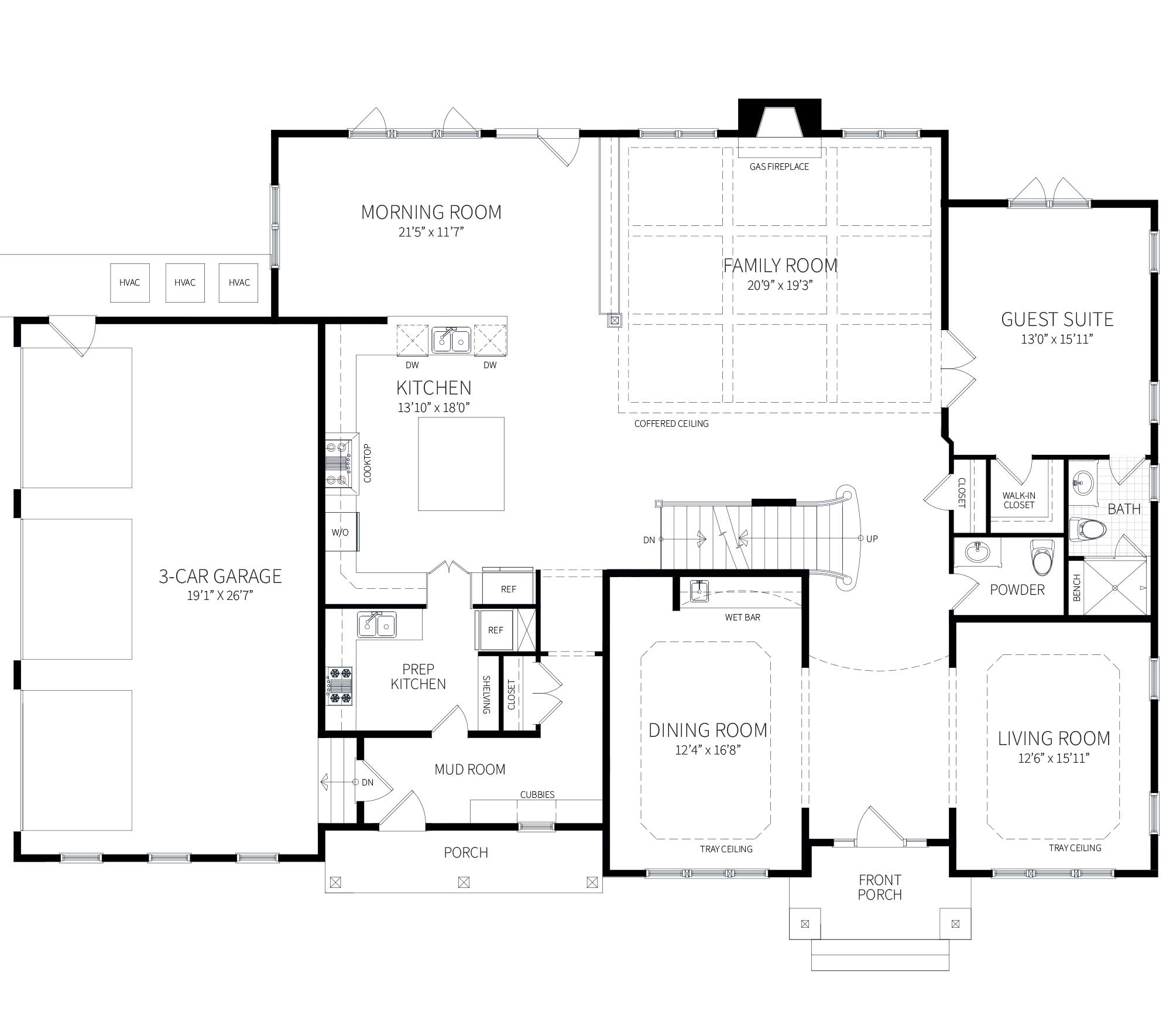 The first floor plan of the Rock Run model home showing 3-car garage, secondary front entrance, prep kitchen, guest suite and two-story family room with coffered ceiling.
