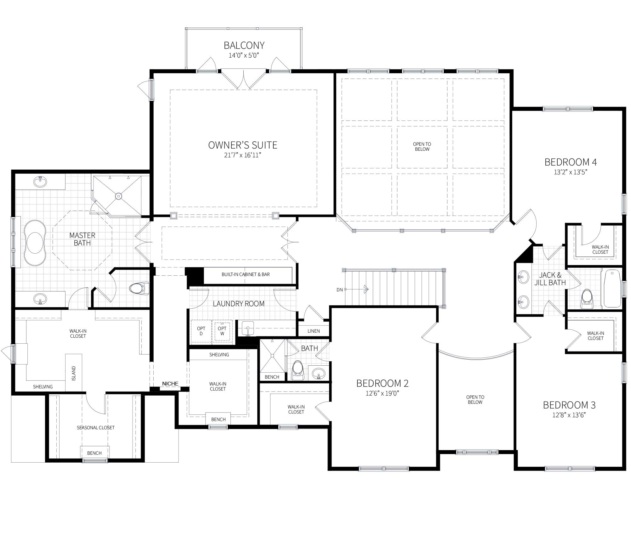 The second floor of the Rock Run model home with an oversized Master Suite with private balcony, overlook to foyer and family room below from hallway.