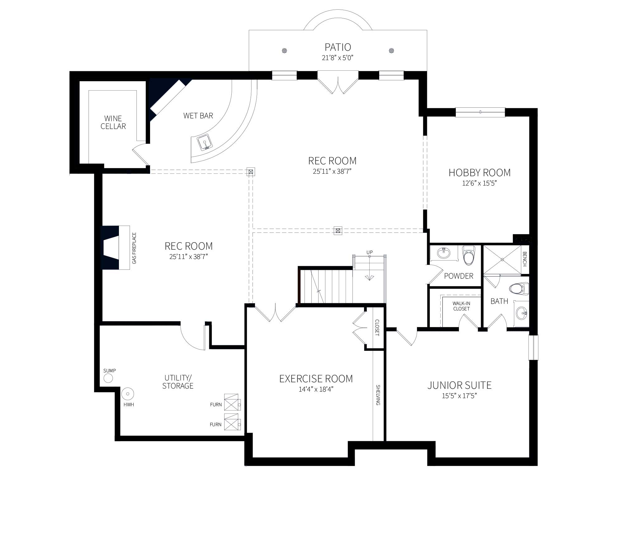 The lower level plan of the Rock Run model home, walkout to Patio, Rec Room with wetbar and fireplace, home gym, hobby room, additional bedroom and wine cellar.