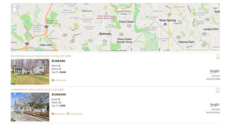 A screenshot of a land search showing a map of Chevy Chase and two teardown listings.