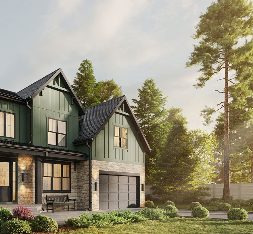 A modern farmhouse style home green board and batten, modern ledge stone and brown doors, windows and trim.