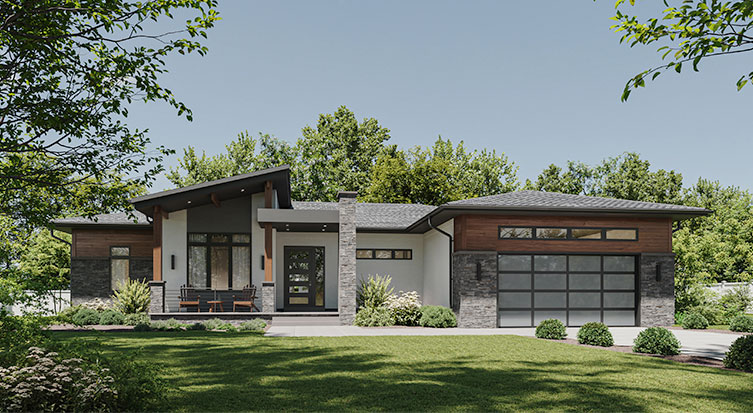 The Strathmore model's contemporary one level front elevation of stucco, ledge stone, wood paneling and smoked glass garage door.