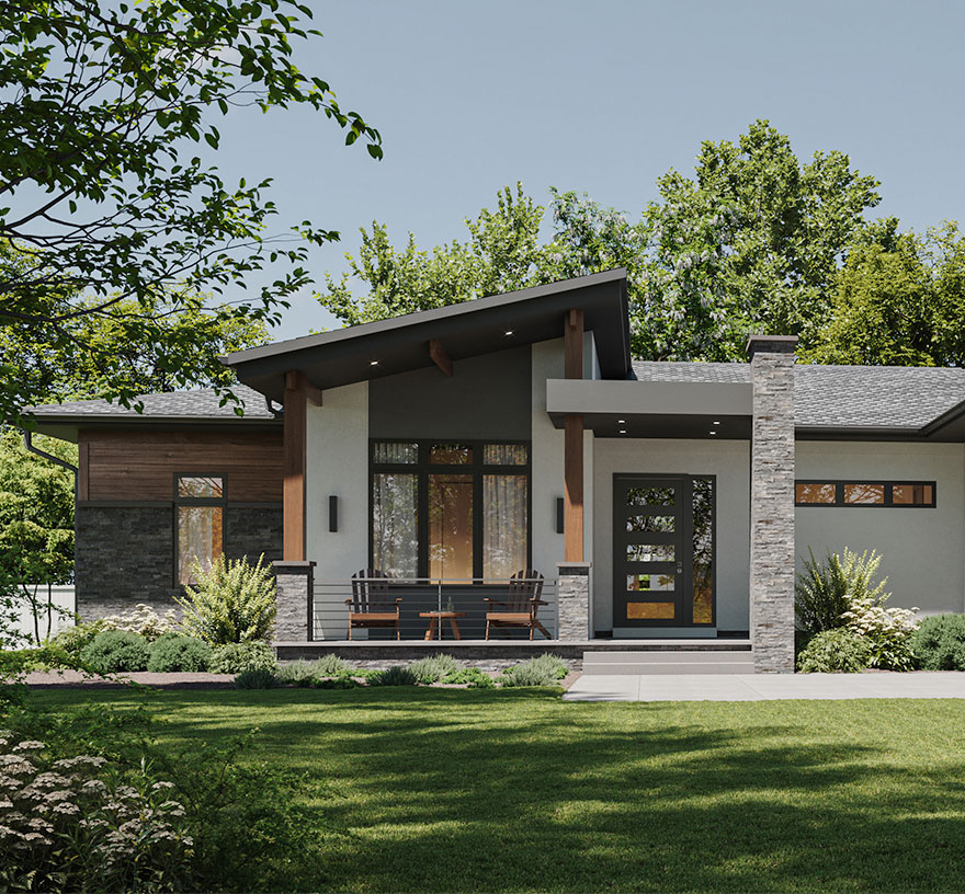 A single-level front elevation with contemporary design in EIFS, ledge stone and wood panels with smoked glass garage door.