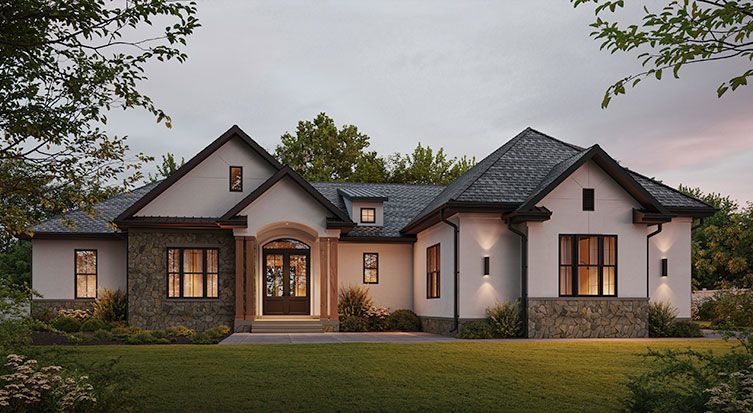 A custom single level elevation of stone, stucco, dark windows and stained posts in a twilight setting.