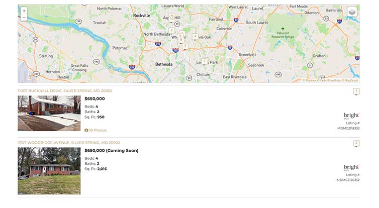 A screenshot of a land search showing a map of Silver Spring and two teardown listings.