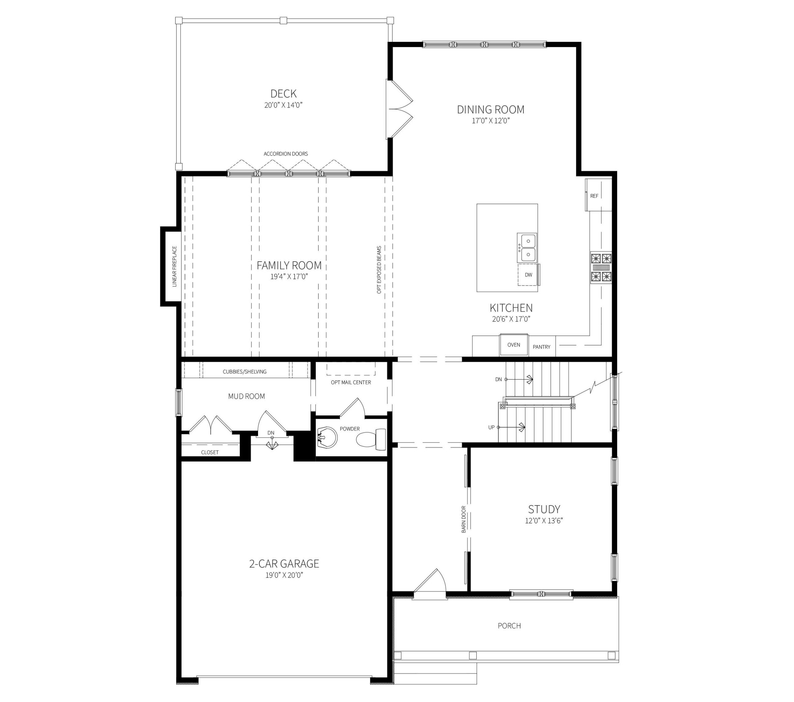 First floor plan of the Wilmett model, with open Family Room, Kitchen Dining area with exposed beams