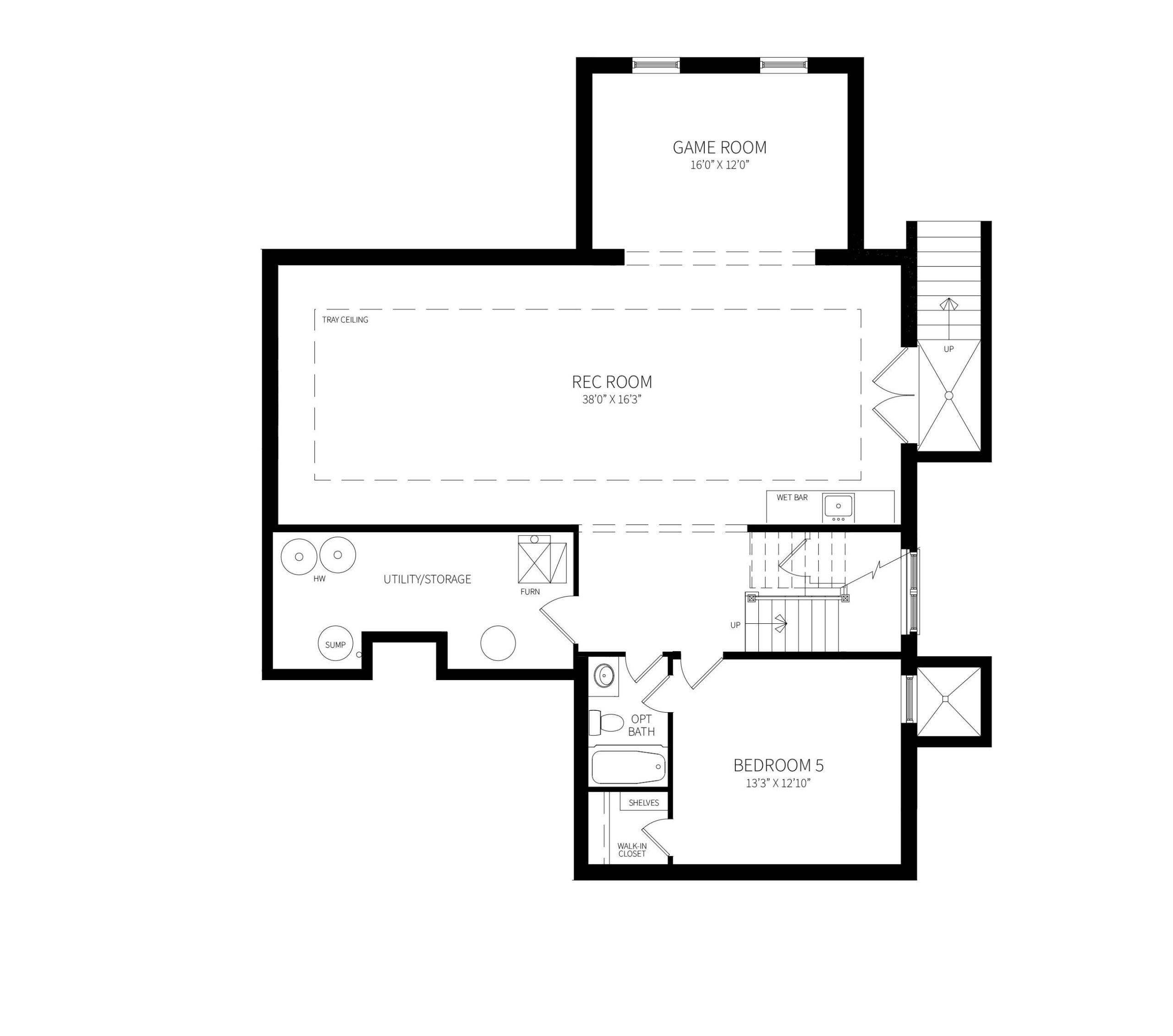 Wilmett model basement floor plan with Rec Room, Game Room wet bar and bedroom with bath.