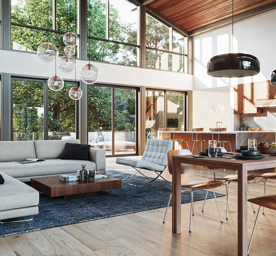 Interior image showing the California Modern showcase with wall of tall glass, stained wood ceiling and modern furnishings and cabinetry