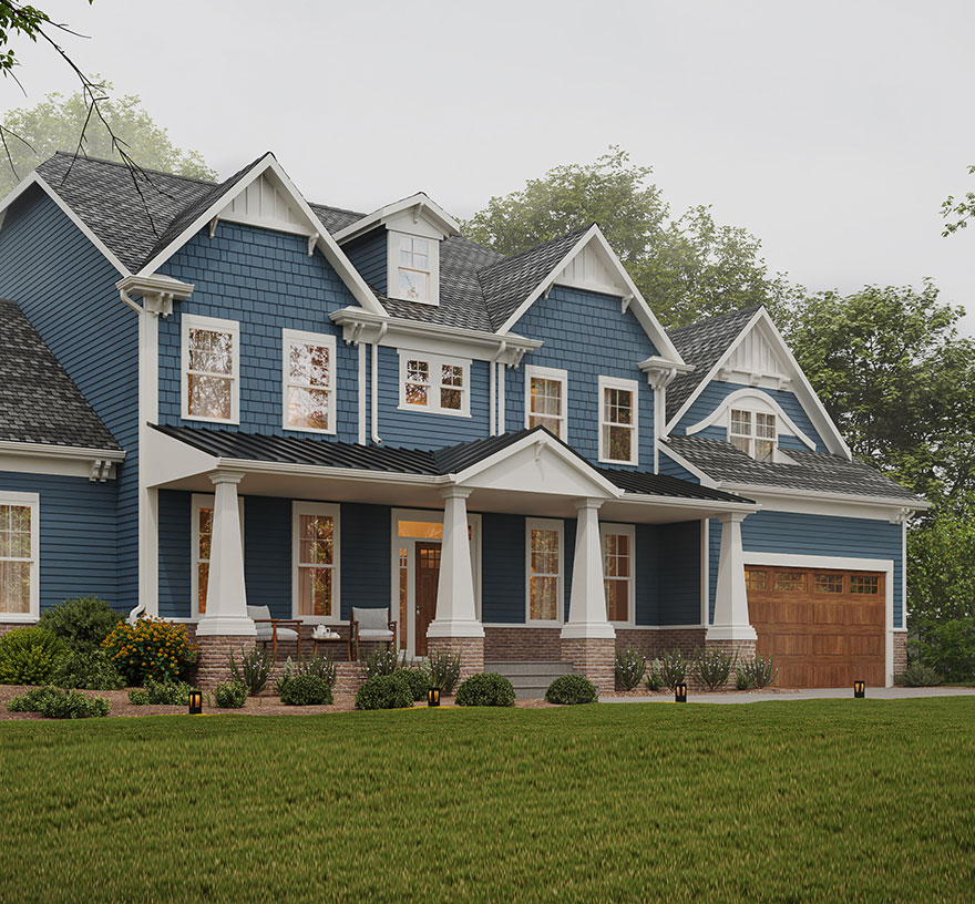 The Mclean model's craftsman style front elevation with blue James Hardie shingle and plank, and brick water table.