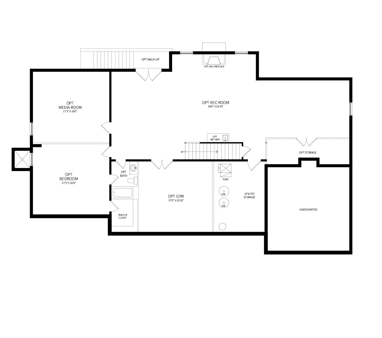 A proposed optional basement plan for the McLean model featuring Rec Room, Media Room, Gym and Bedroom with Bath.