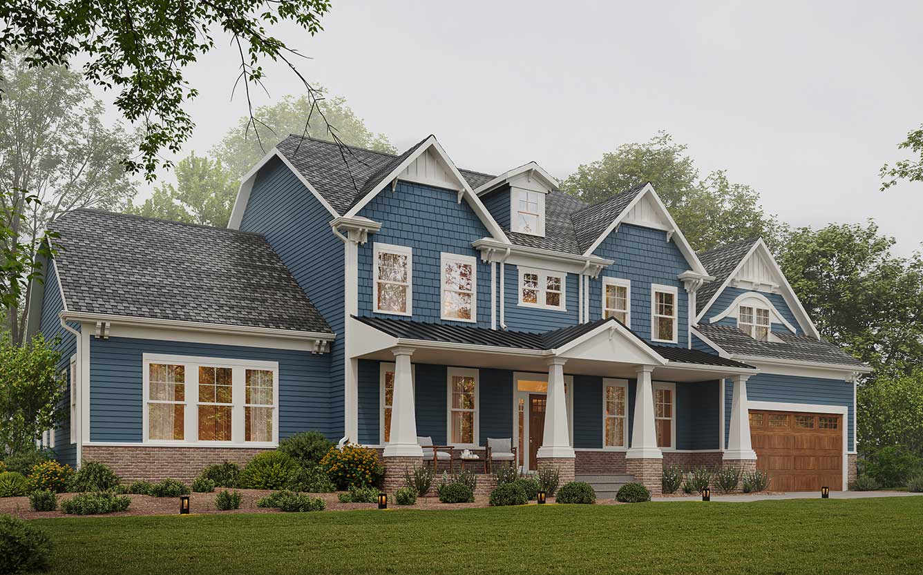 The Mclean model's craftsman style front elevation with blue James Hardie shingle and plank, and brick water table.