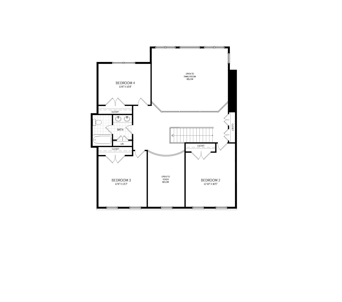 The McLean model second floor, featuring 3 additional bedrooms and a shared bath, hallway open to foyer/Family Room below.