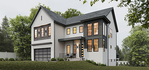 A modern custom home front exterior featuring dark grey patterned panels, contemporary portico and smoked glass garage door.