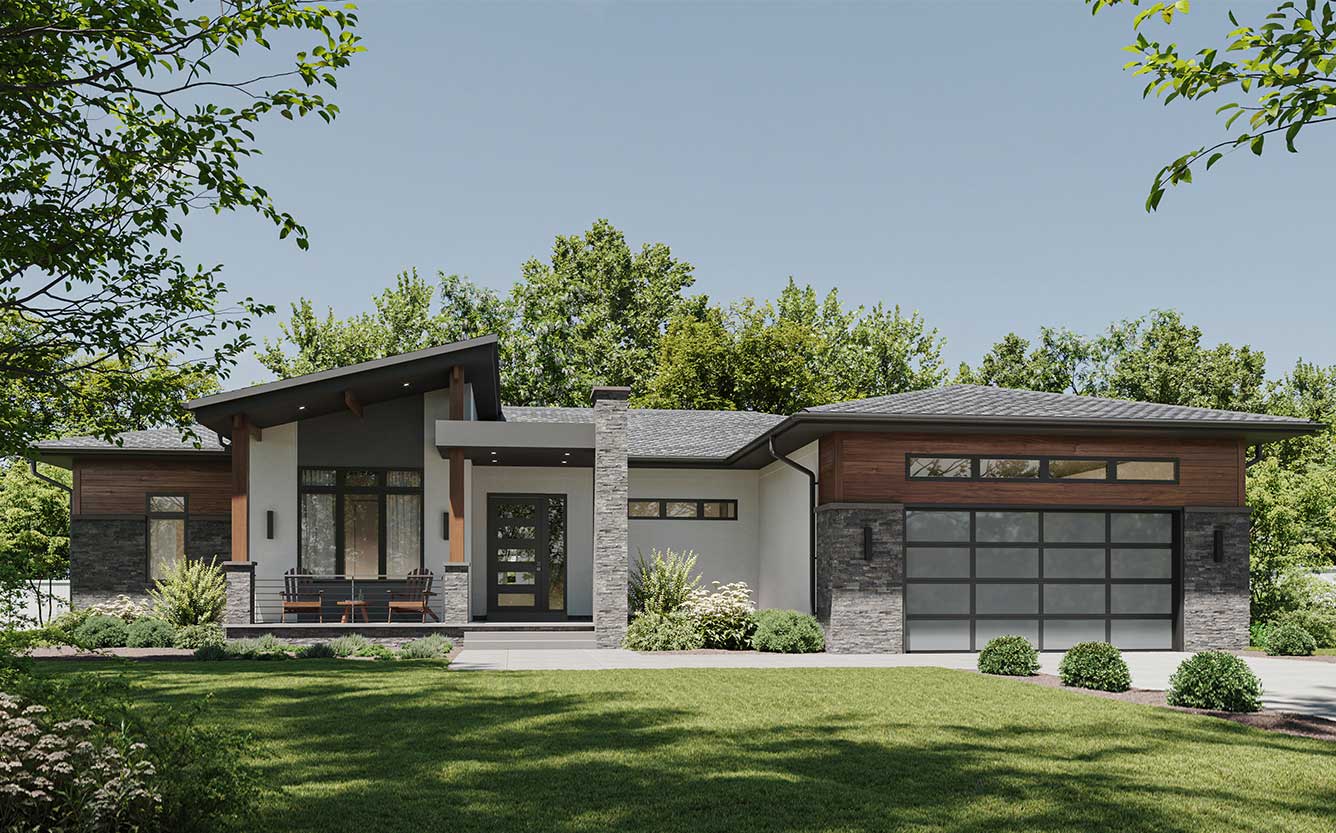 The Strathmore model's contemporary one level front elevation of stucco, ledge stone, wood paneling and smoked glass garage door.