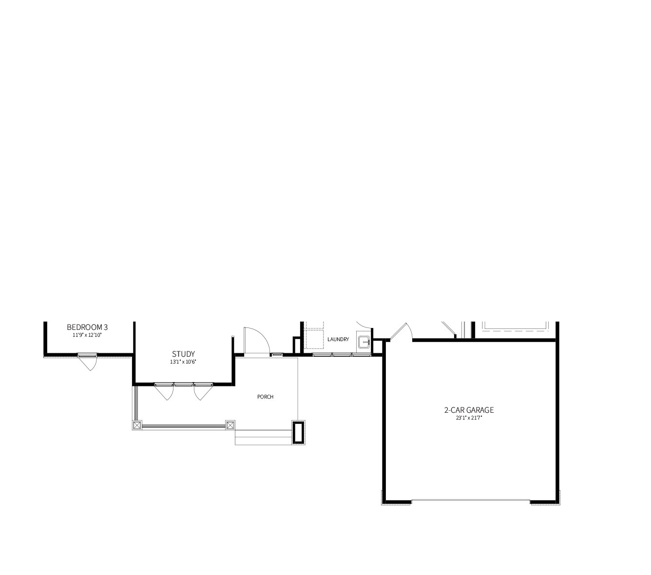 A partial floor plan showing the front bumpouts of the Strathmore with the optiona contemporary elevation.
