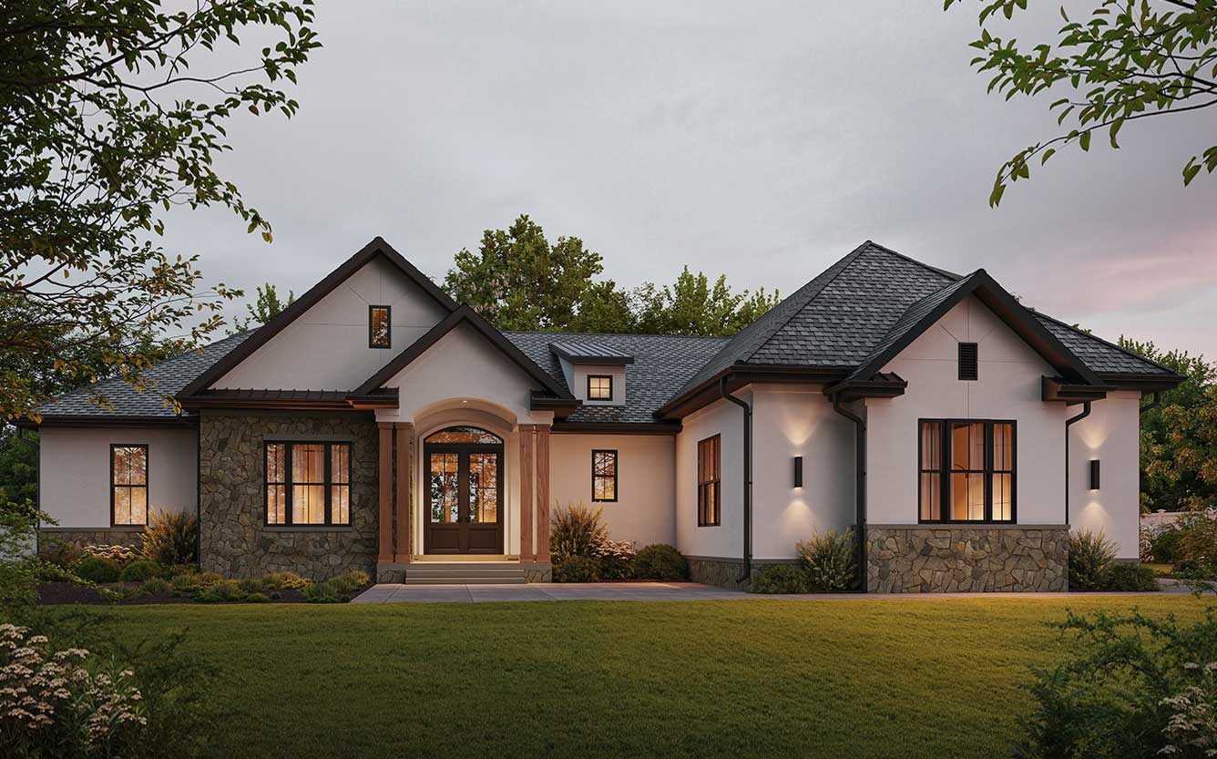 The Strathmore's standard more traditional elevation of stone, stucco, dark windows and stained posts.