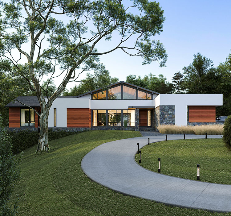 An image of a custom home exterior inspired by the California Modern architectural style.