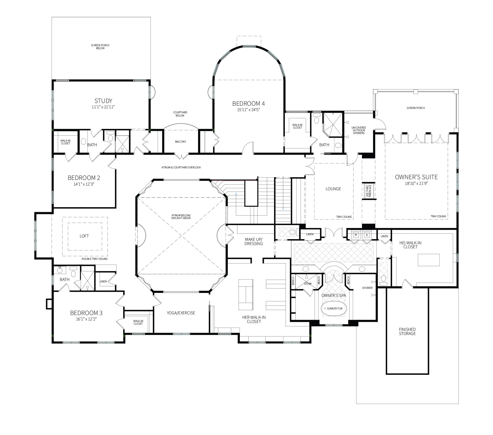 Second floor plan of the Old World showcase home, with large owners suite, and overlooks and balconies looking into the atrium.
