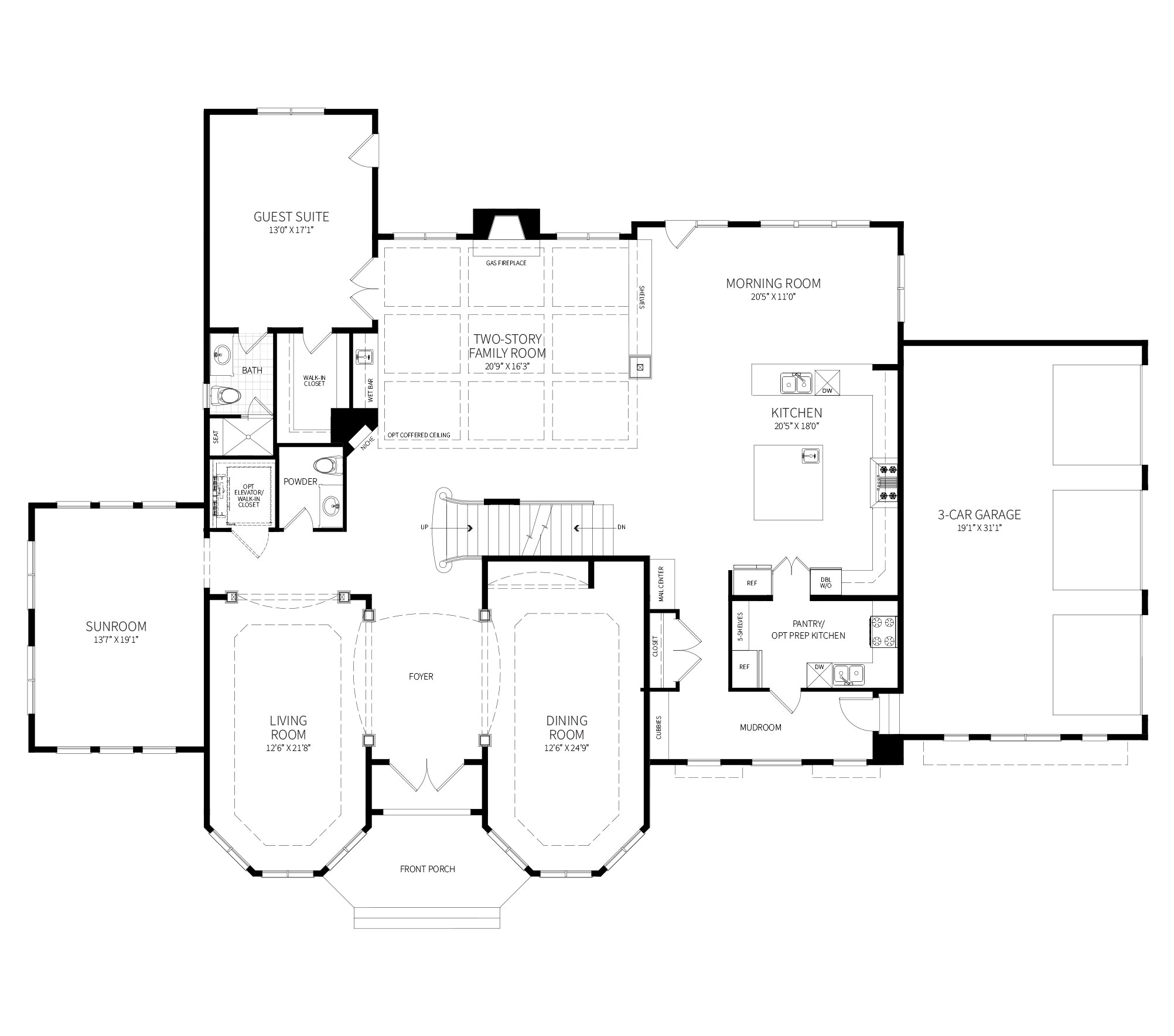 The first floor plan of the Horseshoe model, showing 3-car side load garage, guest suite with bath and opt prep kitchen.