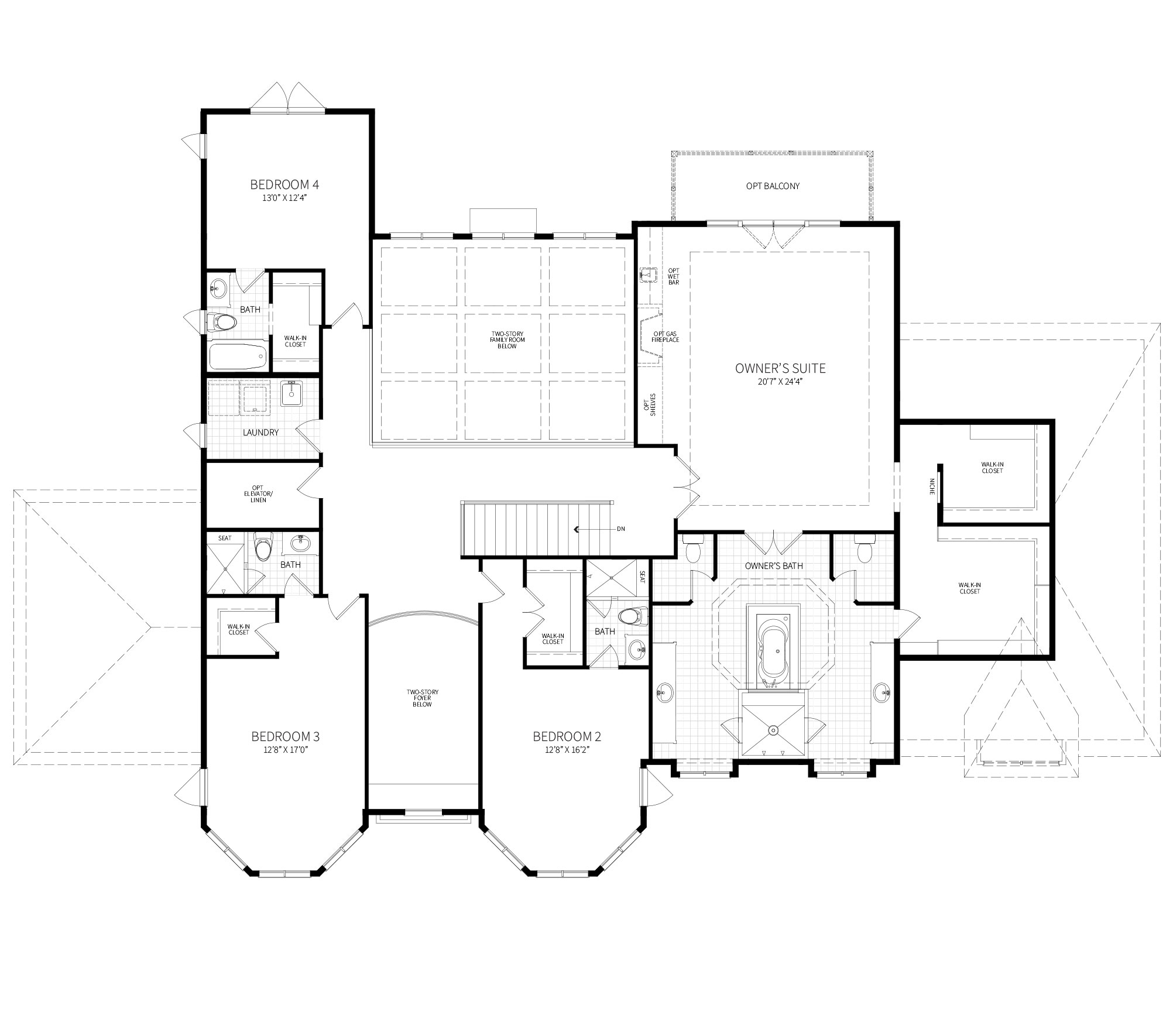 Second floor plan of the Horseshoe model, shows entire wing as large owner's suite with oversized closets and master bath. 3 additional bedrooms shown.