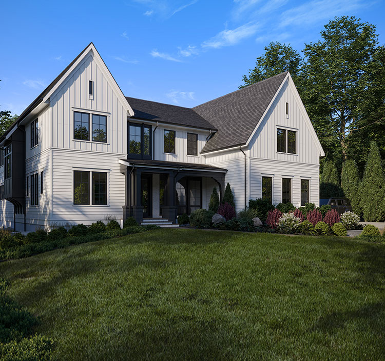 A modern farmhouse with whit board and batten, dark accents including porch rails and side bay window.