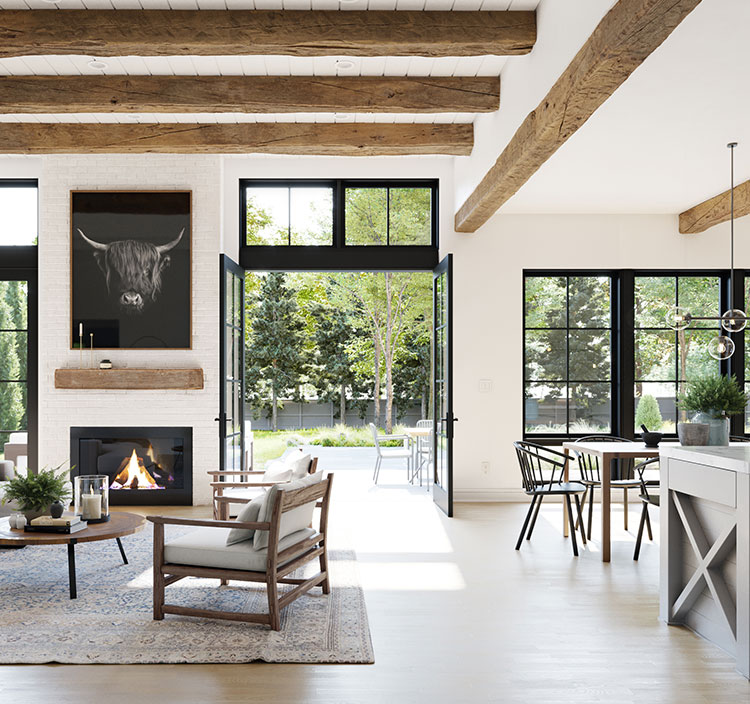 An image of a modern farmhouse family room with exposed natural wood beams, wood mantel, light walls, black windows and 4 doors to the patio.