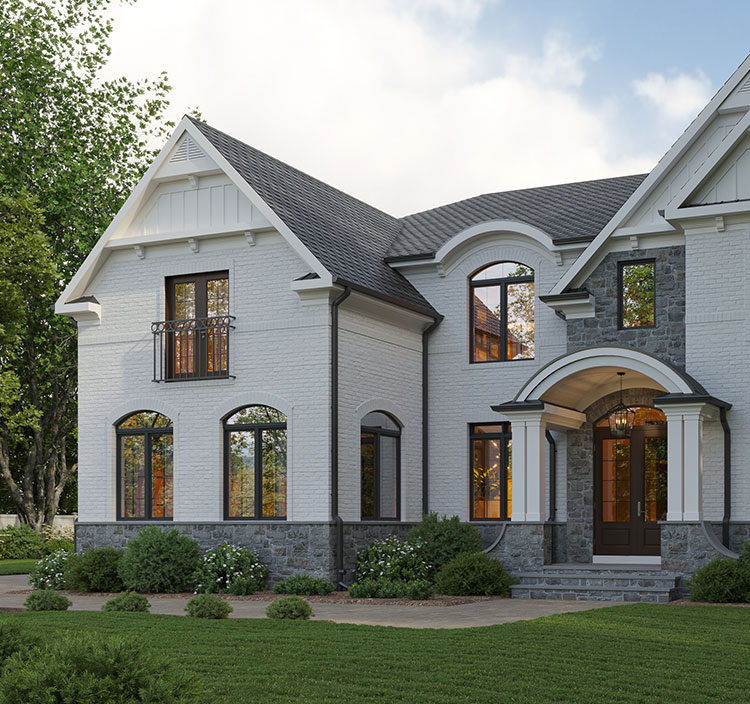 A transitional colonial elevation of white brick and grey stone with a unique curved roof portico, and other matching details.