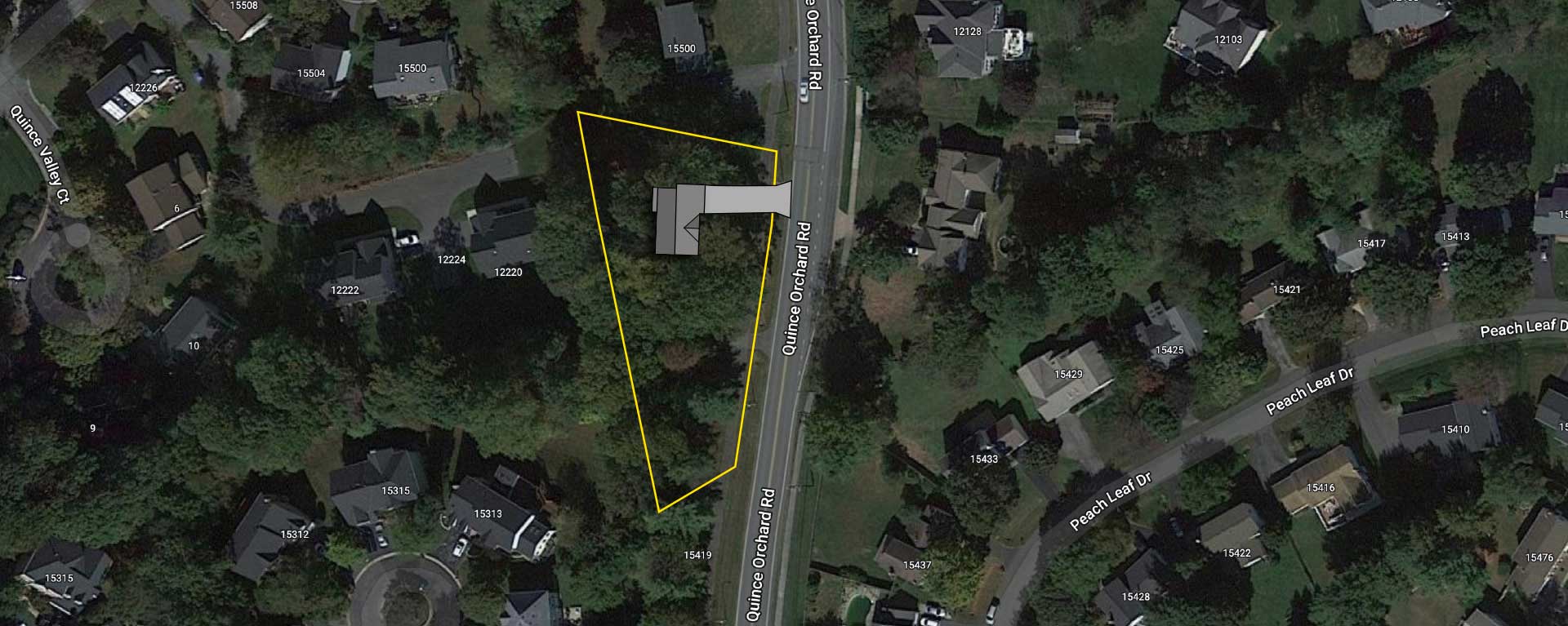 A satellite image showing the site outline and house placement for the lot at 15426 Quince Orchard Rd.