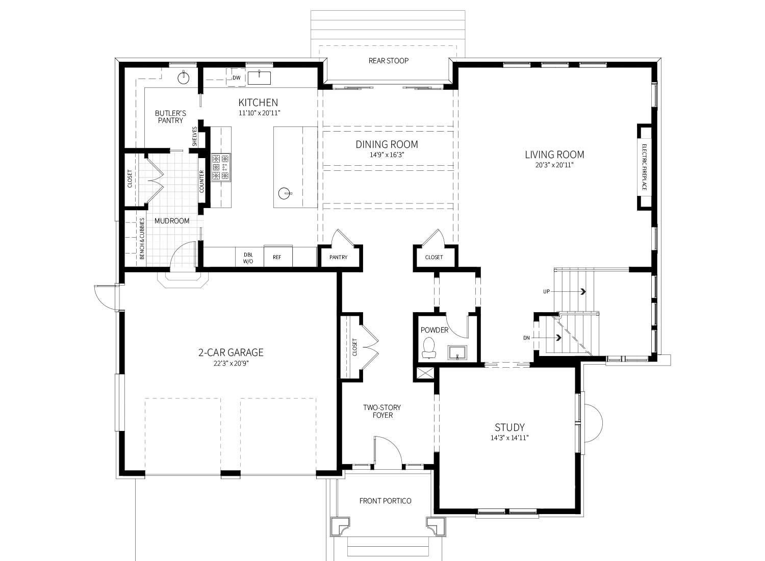 First floor plan of the Geranium model, showing two story foyer, dining room centered between Kitchen and Living Room, accordion doors to rear stoop.