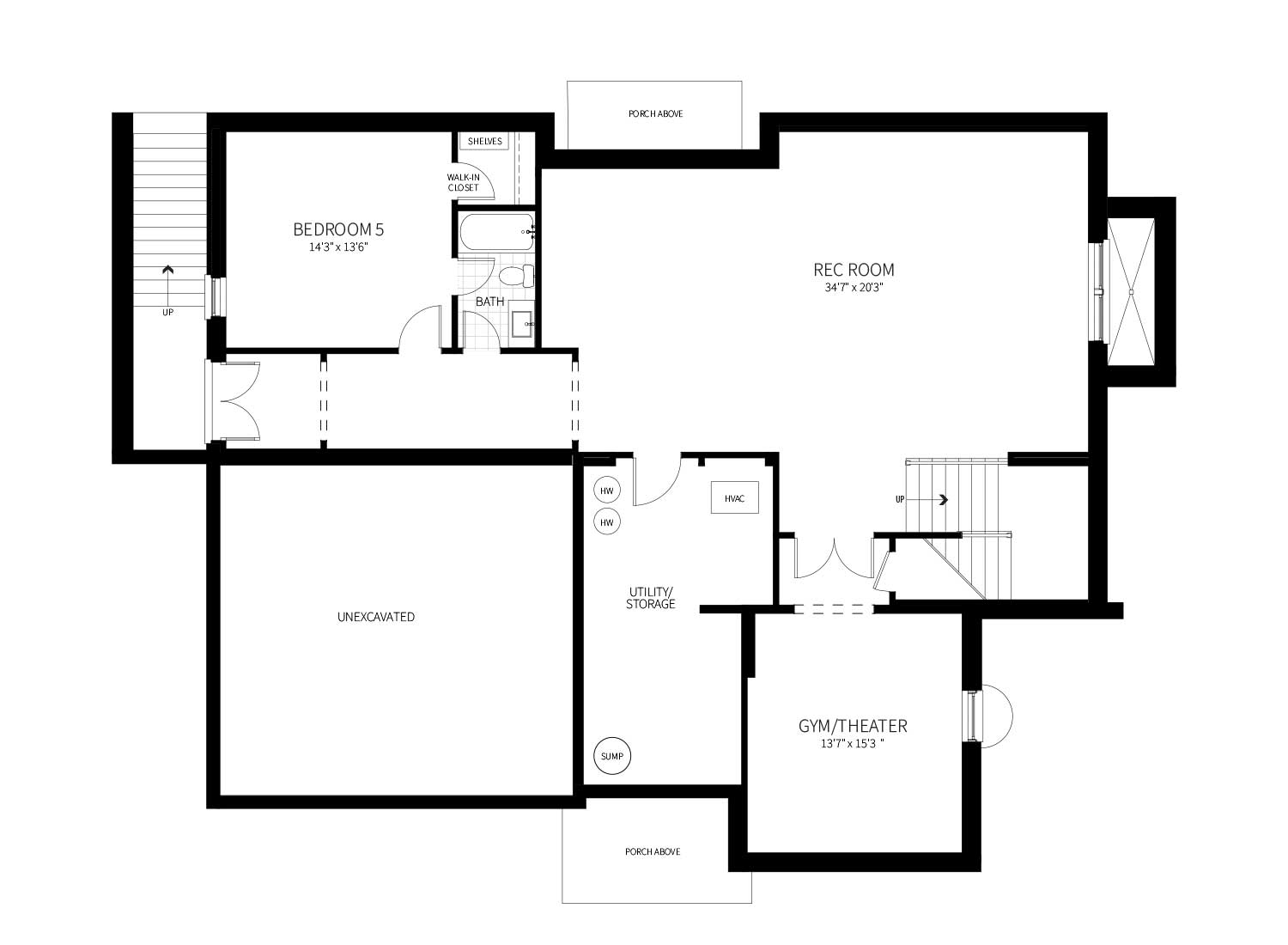 The Basement plan of the Geranium model, showing a Rec Room, Gym/Theater and Bedroom with full Bath.