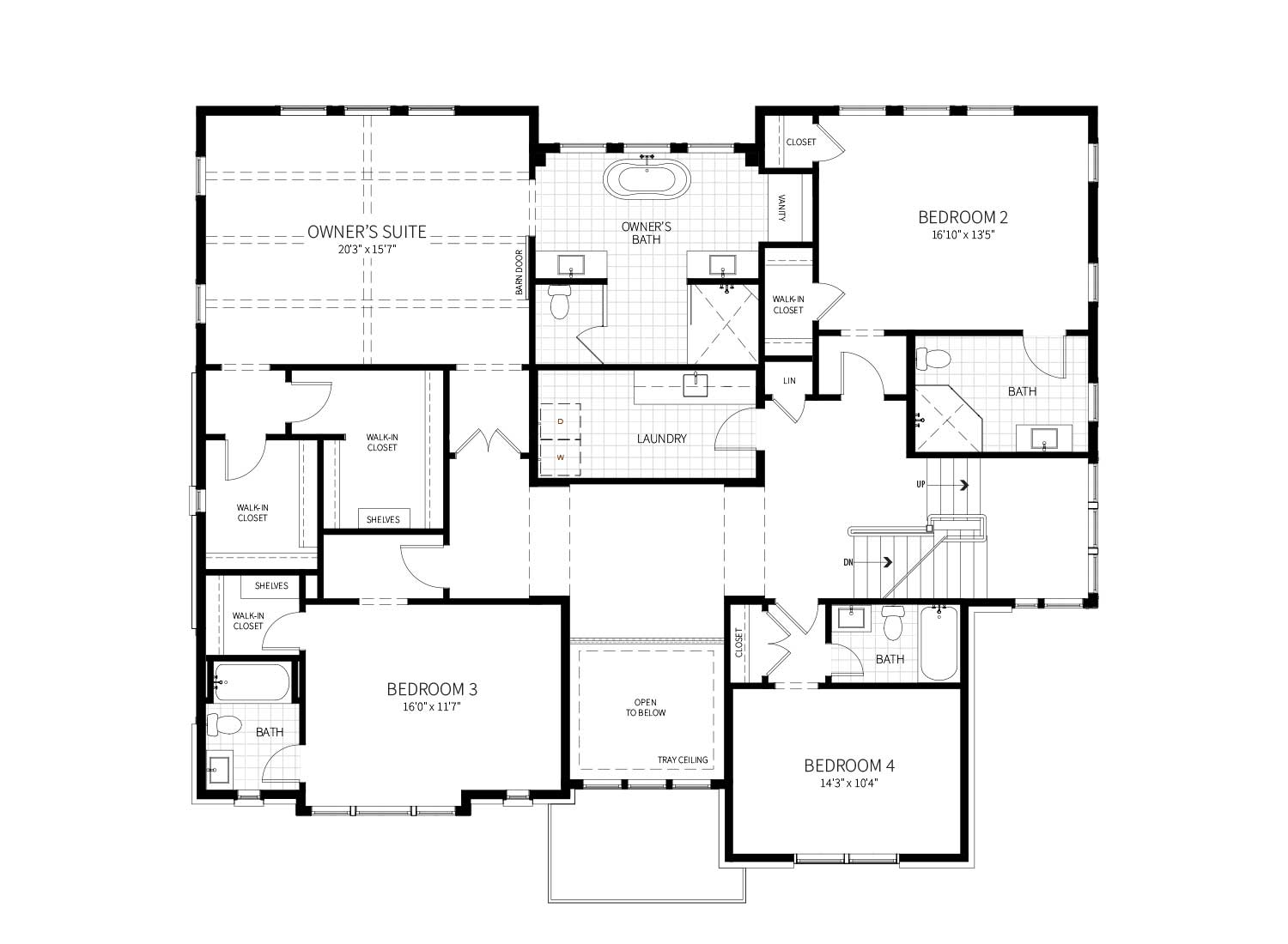 Second floor plan of the Geranium model, showing Owner's Suite, and 3 full bedrooms with baths.