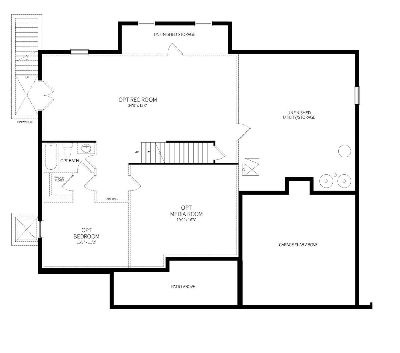 The optional basement plan for the Hampden model home, an updated center hall colonial layout.