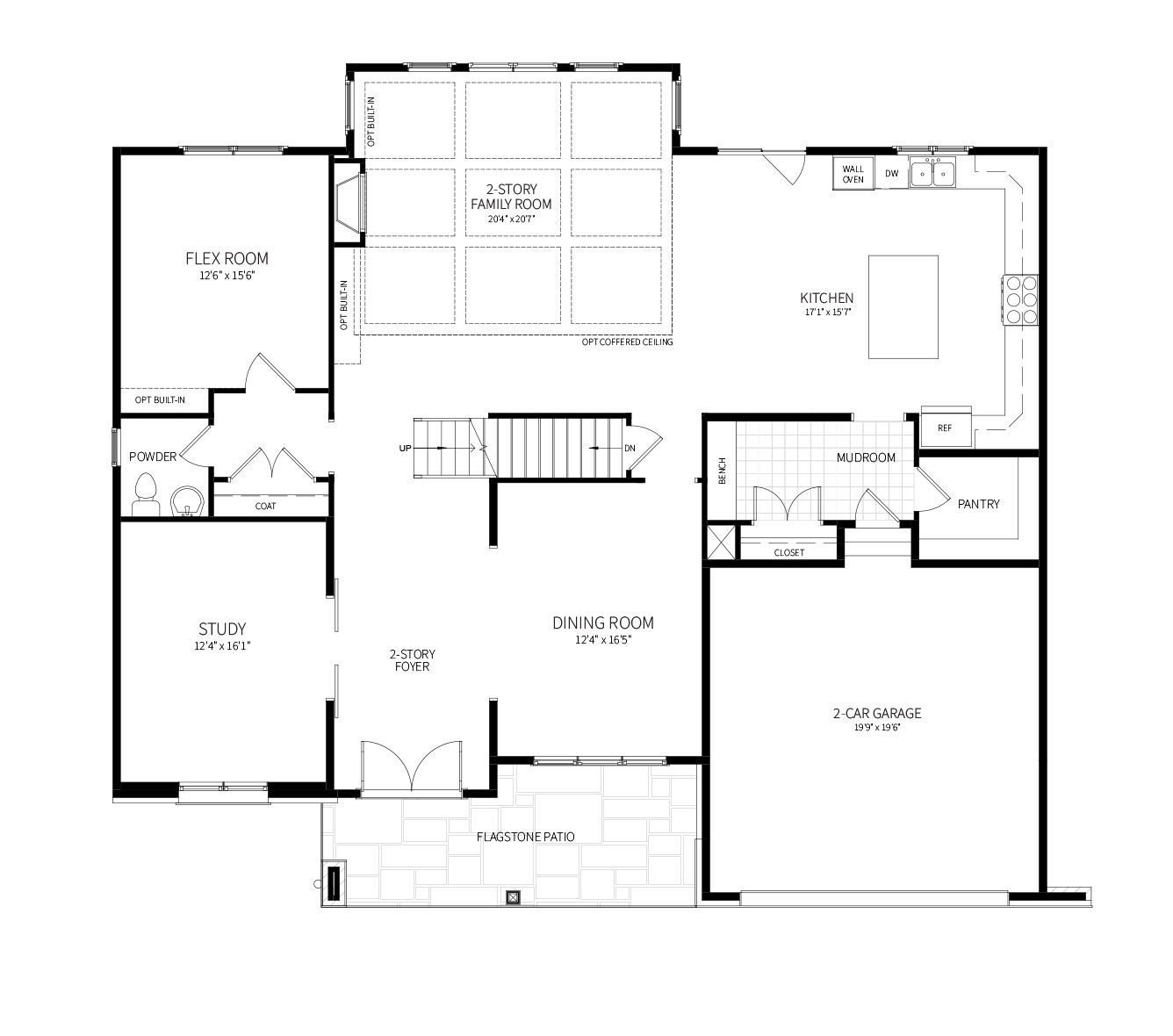 The first floor plan for the Hampden model home, an updated center hall colonial layout.