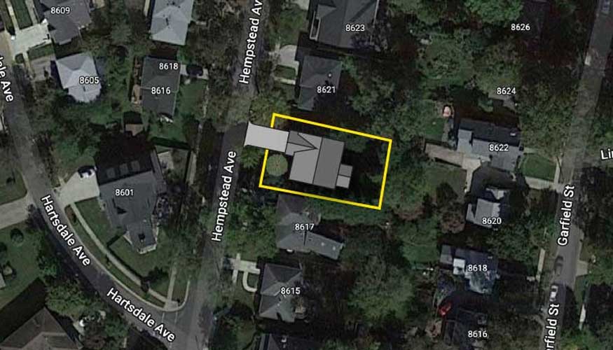 A satellite image of a neighborhood street showing a site outline and proposed house placement superimposed.