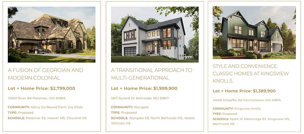 A screenshot showing proposed homes, with a price, address and other details.