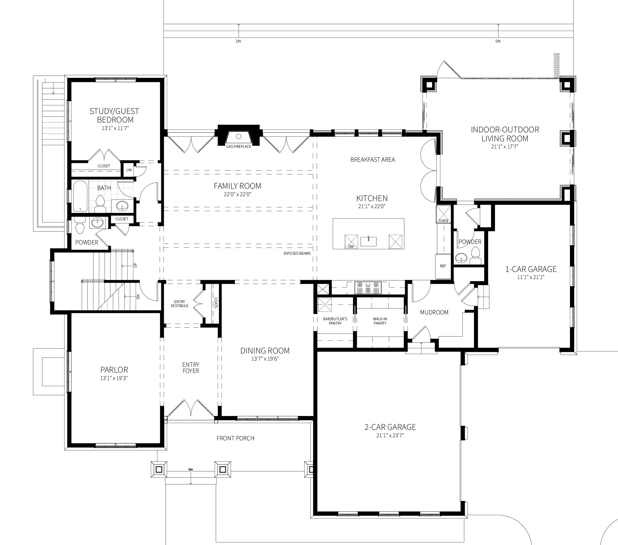 The first floor plan of a highly custom modern farmhouse with indoor-outdoor living room, two garages, and big open spaces.