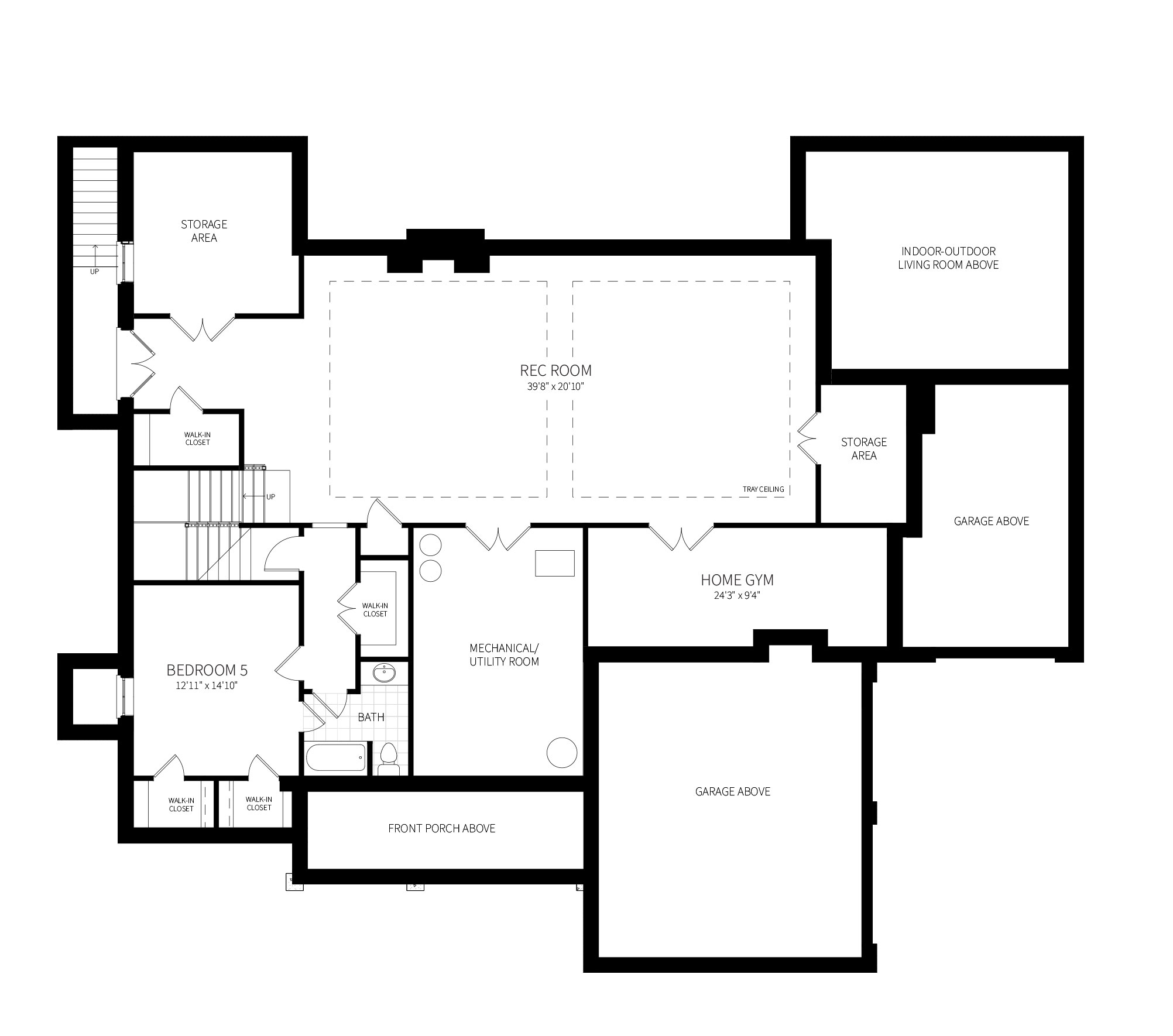 The basement plan of a highly custom modern farmhouse with 40 foot wide Rec Room, home gym and additional bedroom.