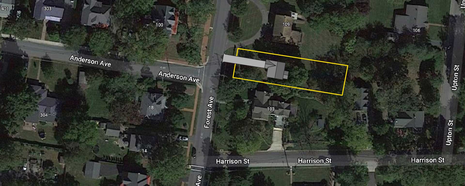 A satellite image showing the site outline and placement of the home proposed for the vacant lot at 105 Forest Ave Rockville MD
