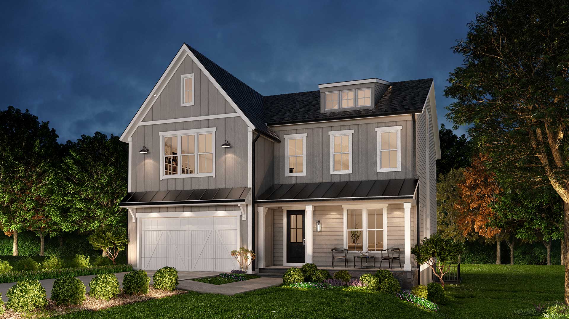 A rendering of a modern farmhouse style home in grey board and batten with white window and trim.